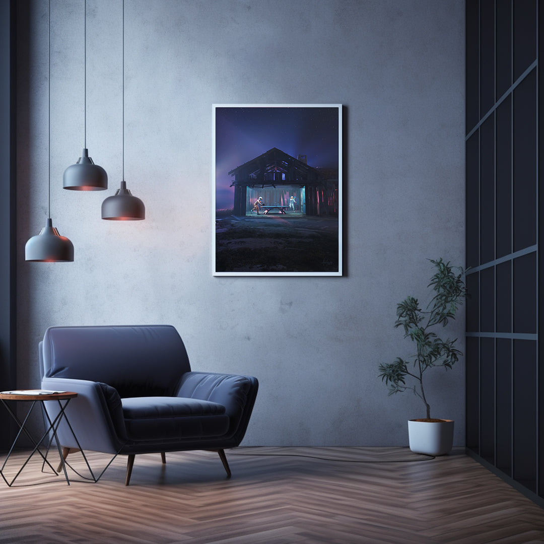 Home interior featuring Mike Fogg's starry night sky art print in a sleek frame, adding cosmic charm to the room.