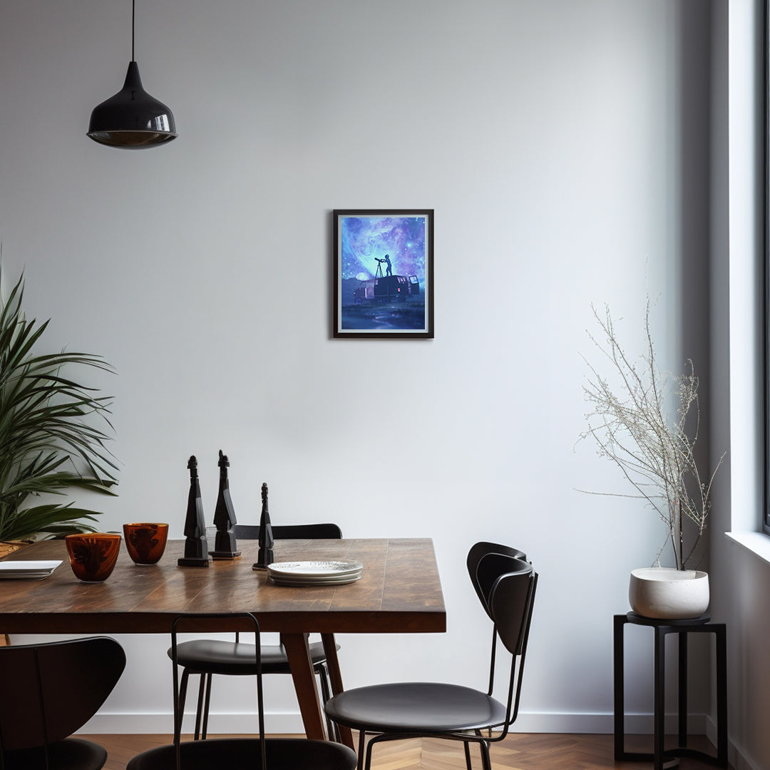 Framed premium art print by Mike Fogg, featuring space imagery, elegantly displayed on a wall.