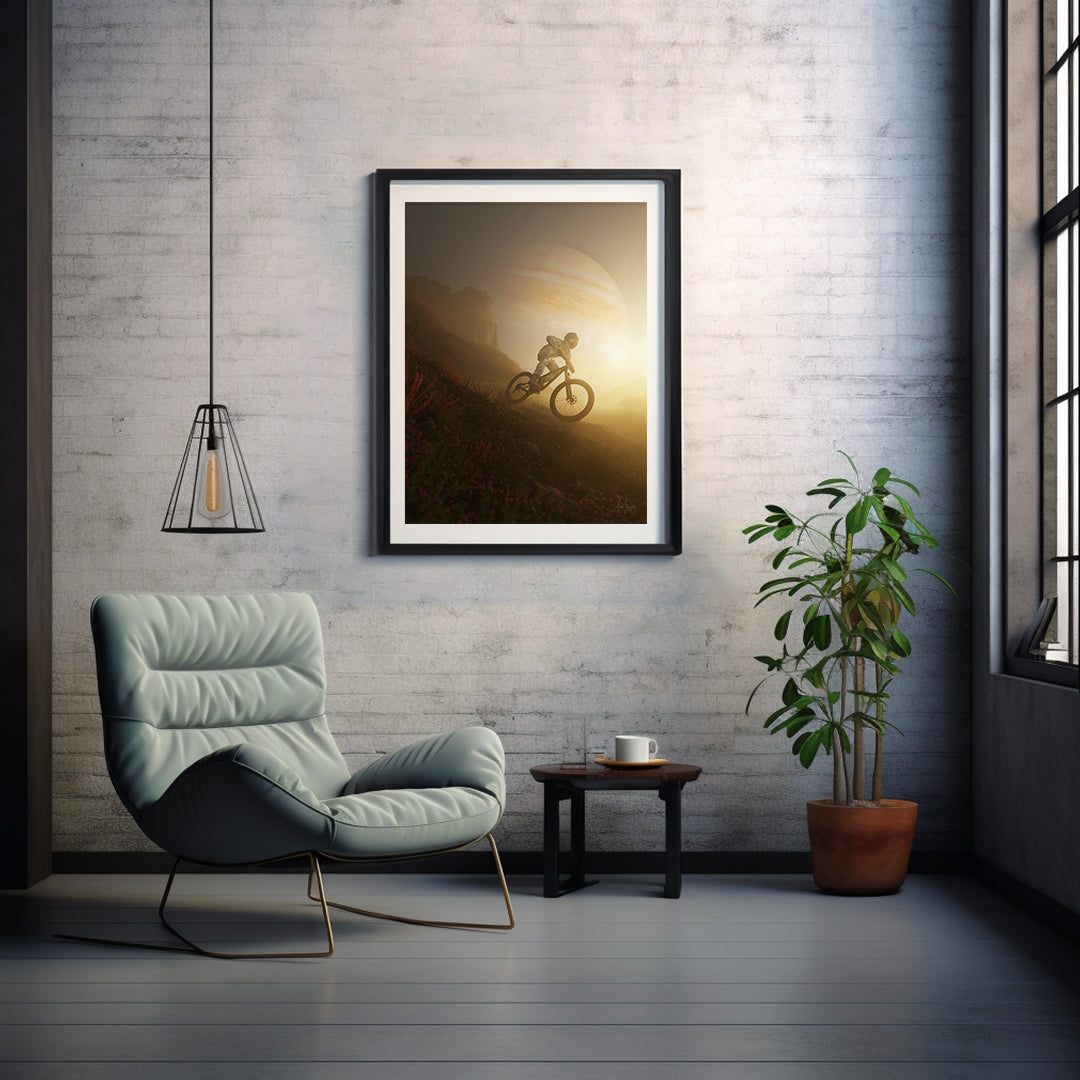 Home interior featuring Mike Fogg's starry night sky art print in a sleek frame, adding cosmic charm to the room.