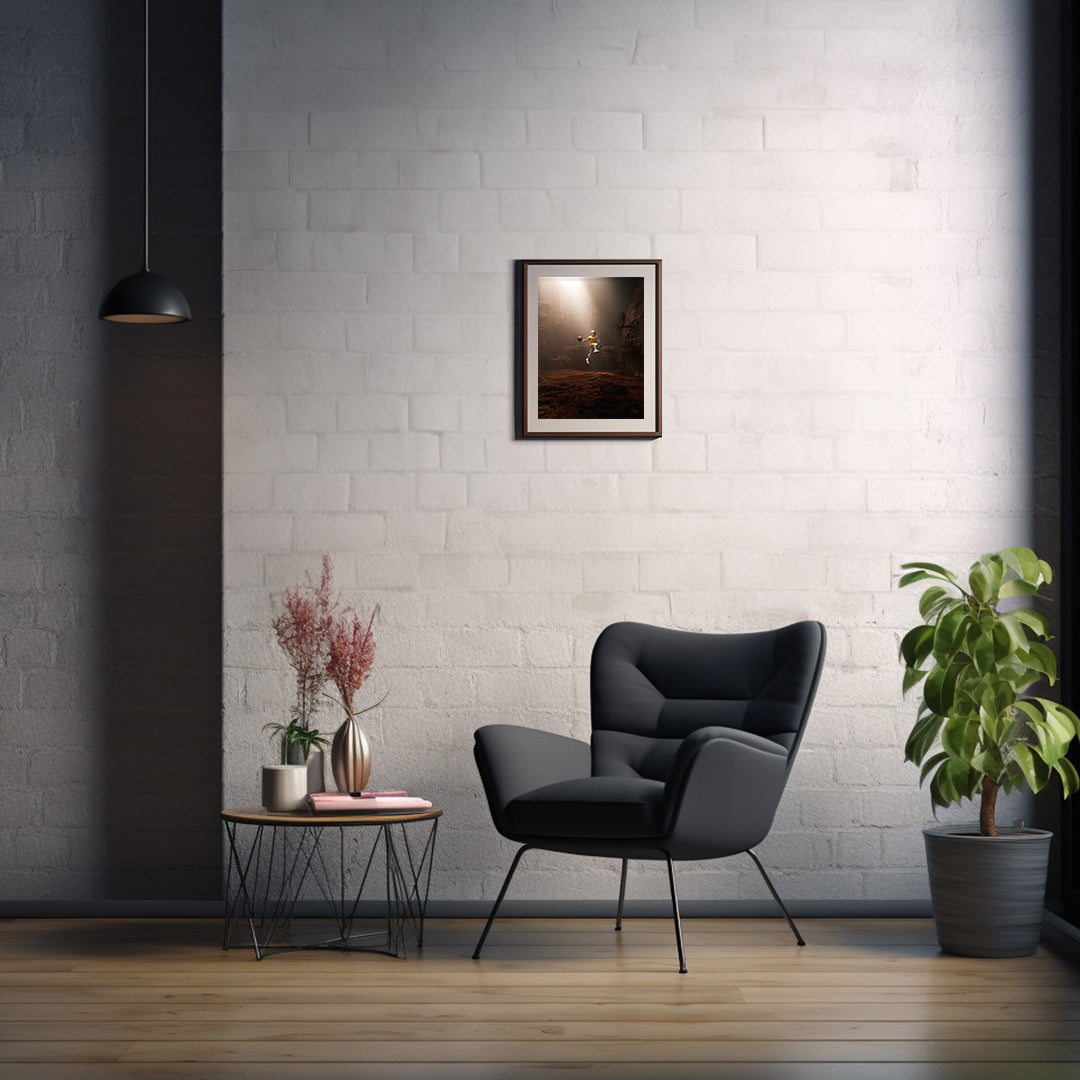 Wall-mounted abstract space-inspired art print by Mike Fogg in a stylish frame, enhancing room decor.
