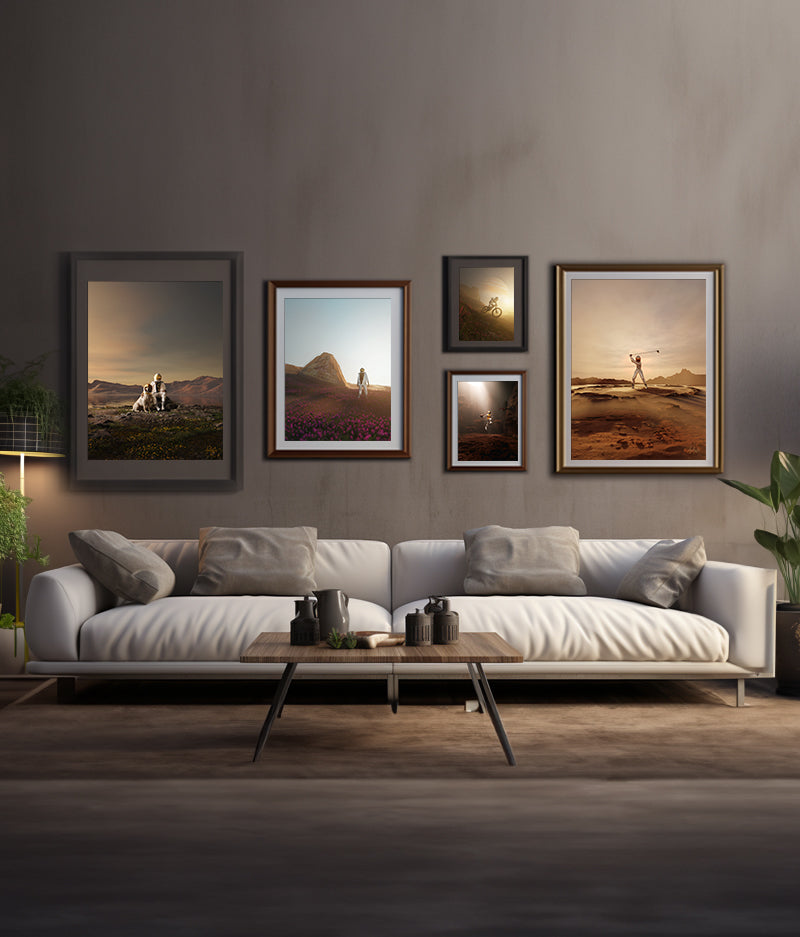 Framed premium art prints by Mike Fogg, featuring space imagery, elegantly displayed on a wall.