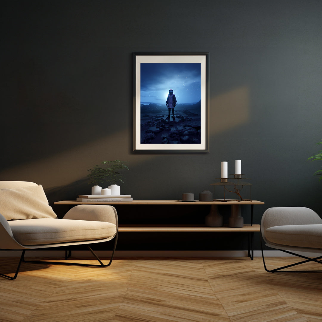 Wall-mounted abstract space-inspired art print by Mike Fogg in a stylish frame, enhancing room decor.